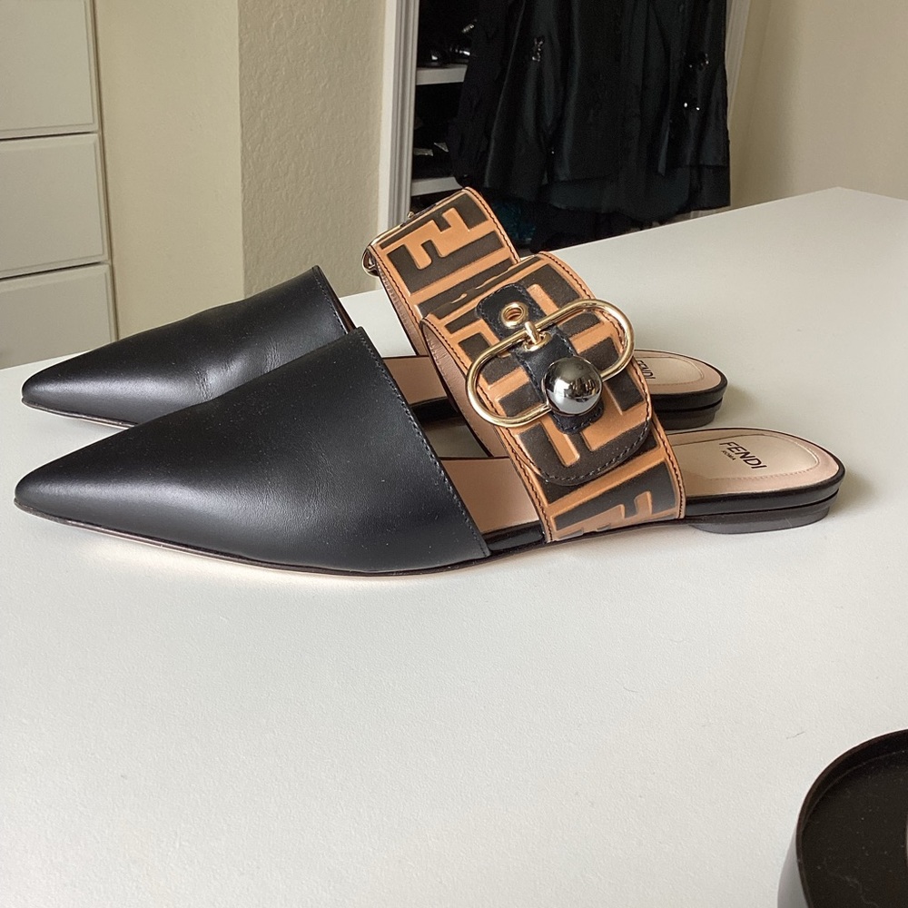 Fendi Black/Brown Zucca Leather Pointed Toe Flat Mule - Picture 4 of 12